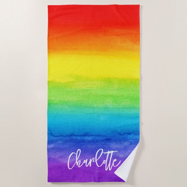 Watercolor Rainbow Colorful Personalized Modern Beach Towel (Front)