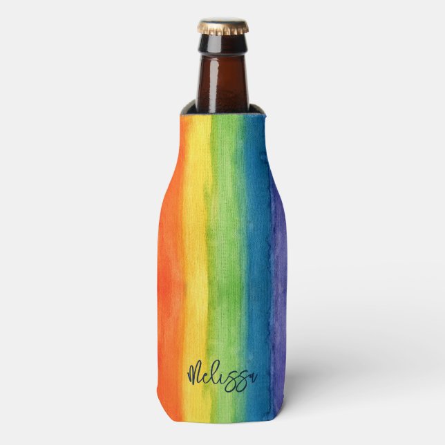 Watercolor Rainbow Colorful Personalized Modern Bottle Cooler (Bottle Front)