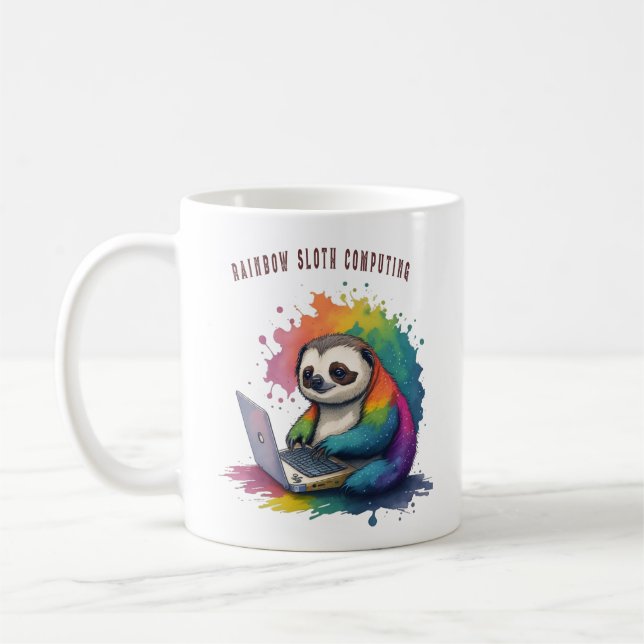Watercolor Rainbow Cute Sloth Computing Coffee Mug (Left)