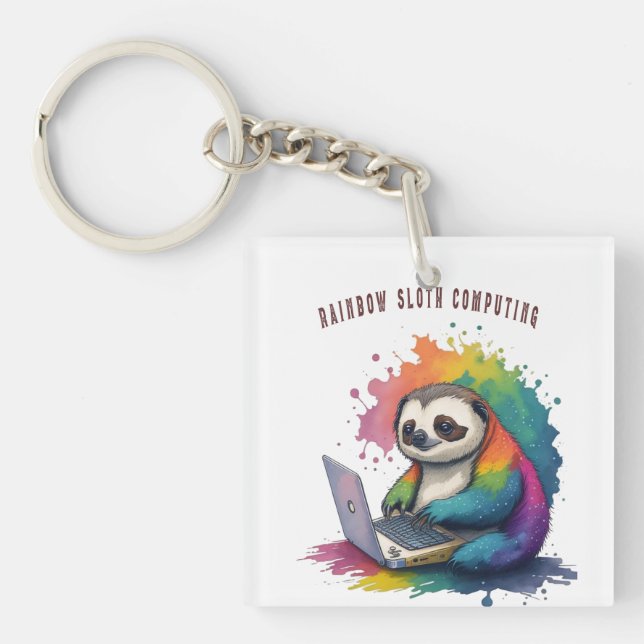 Watercolor Rainbow Cute Sloth Computing Keychain (Front)