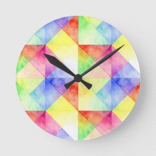 Watercolor Rainbow Diamond Quilt Pattern Round Clock