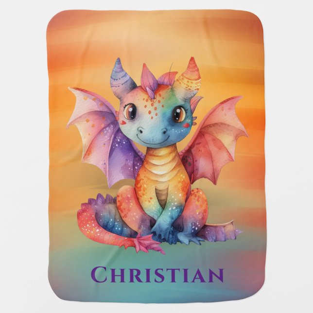 Watercolor Rainbow Dragon Baby Shower Baby Blanket (Front)