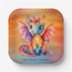 Watercolor Rainbow Dragon Baby Shower Paper Plates
