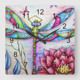 Watercolor Rainbow Dragonfly, Personalize Square Wall Clock