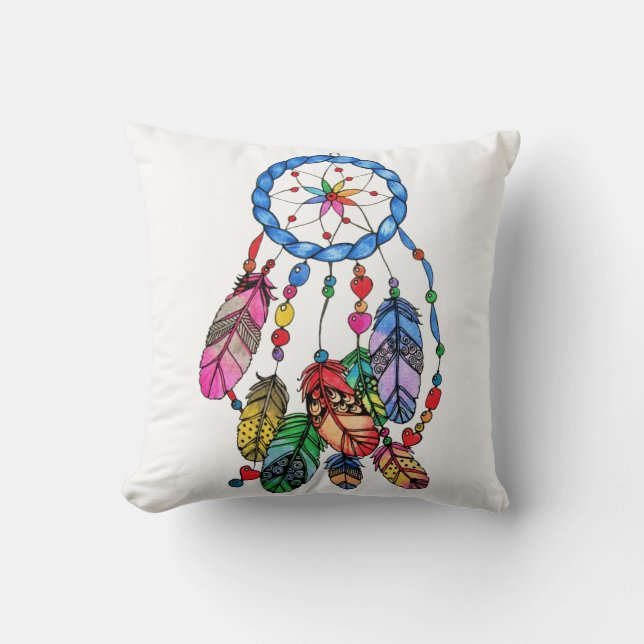 Watercolor rainbow dream catcher & inspiring words throw pillow (Front)
