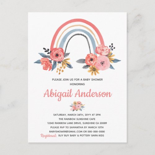 Watercolor Rainbow Floral Baby Shower Invitation Postcard