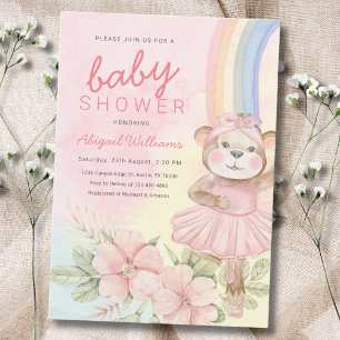 Watercolor rainbow floral ballet bear baby shower invitation
