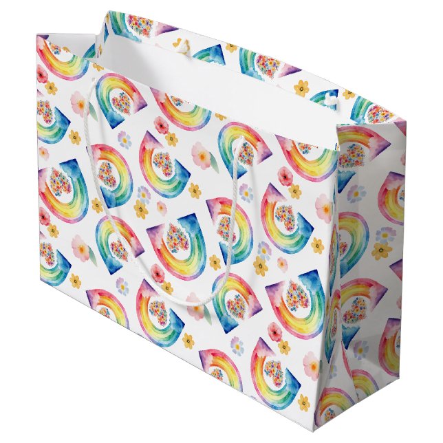 Watercolor Rainbow Floral Heart Gift Bag (Back Angled)