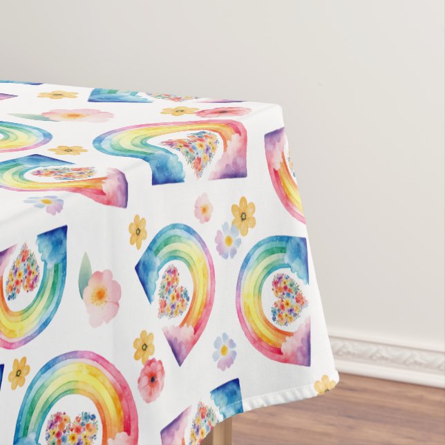 Watercolor Rainbow Floral Party Tablecloth (In Situ)