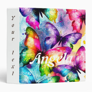 Watercolor Rainbow Fluttering Butterflies 3 Ring Binder