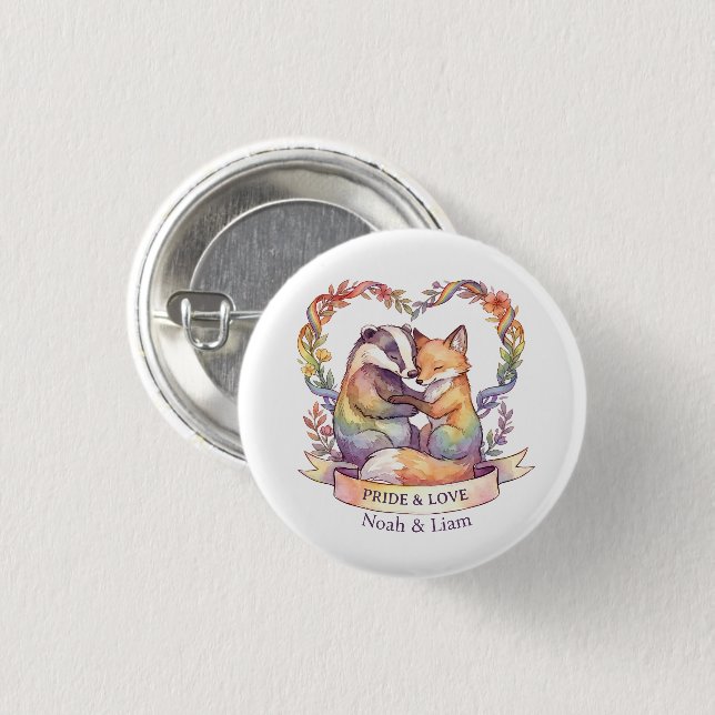 Watercolor Rainbow Fox & Badger Pride Personalized Button (Front & Back)