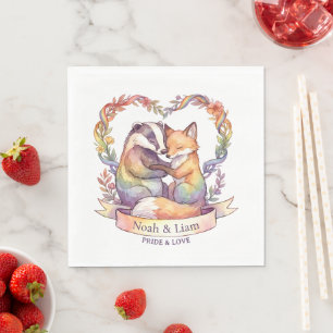 Watercolor Rainbow Fox & Badger Pride Personalized Napkins