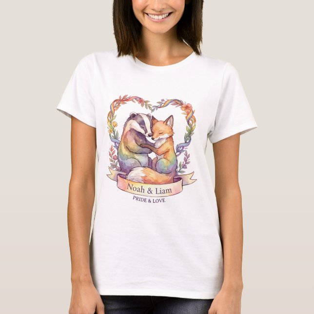 Watercolor Rainbow Fox & Badger Pride Personalized T-Shirt (Front)