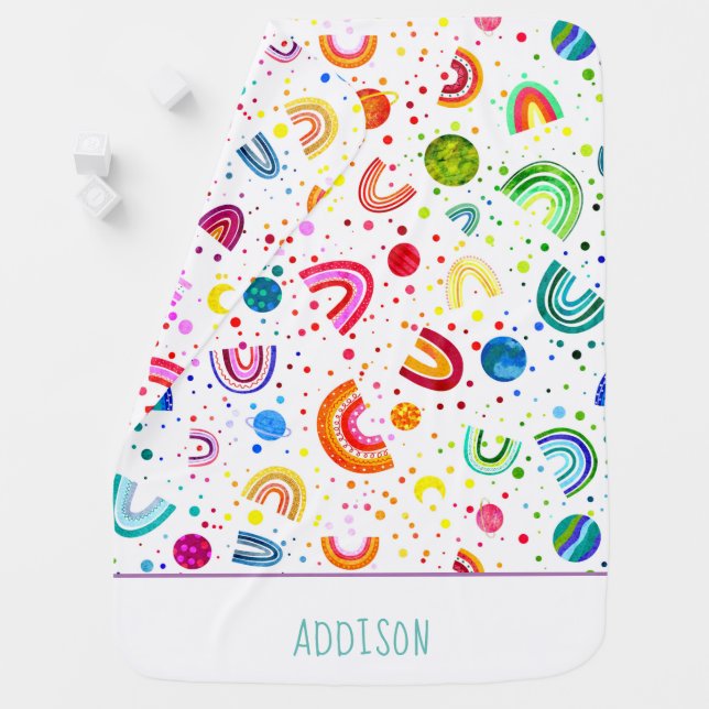 Watercolor Rainbow Galaxy Personalized Baby Girl Blanket (In Situ)