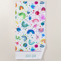 Watercolor Rainbow Galaxy Personalized Girls Beach Towel