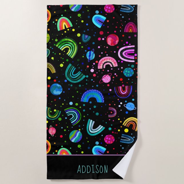 Watercolor Rainbow Galaxy Personalized Girls Beach Towel (Front)