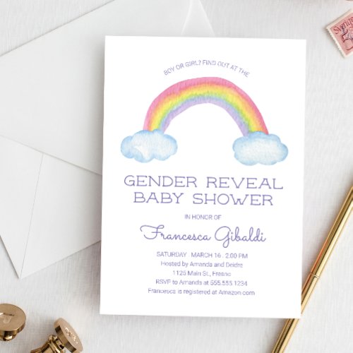 Watercolor Rainbow Gender Reveal Baby Shower Invitation