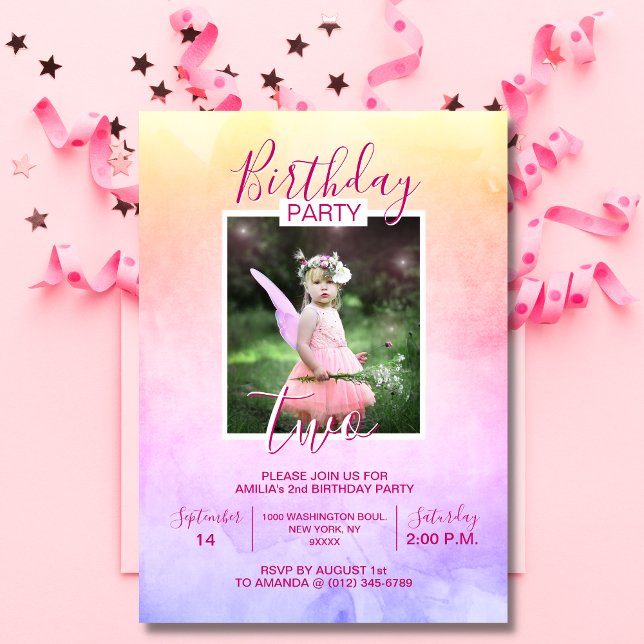 Watercolor Rainbow Girl BIRTHDAY 2nd TWO | PHOTO Invitation (Creator Uploaded)