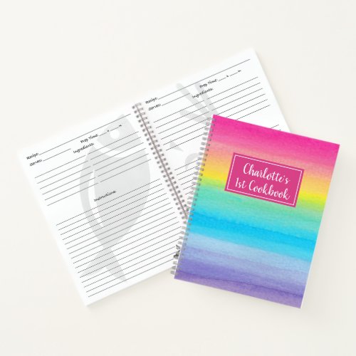 Watercolor Rainbow Girls Kids Cookbook Recipe Notebook