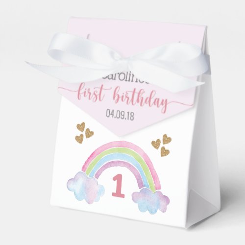 Watercolor Rainbow Glitter Heart Girl 1st Birthday Favor Boxes