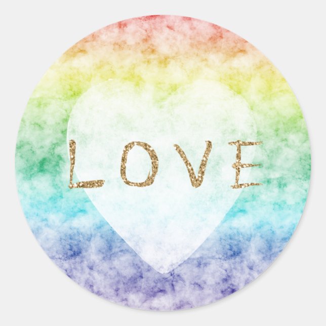 Watercolor Rainbow Gold Glitter Love Heart Classic Round Sticker (Front)