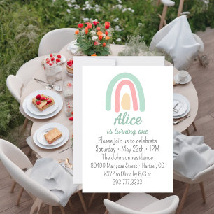 Watercolor rainbow green pink yellow 1st Birthday Invitation