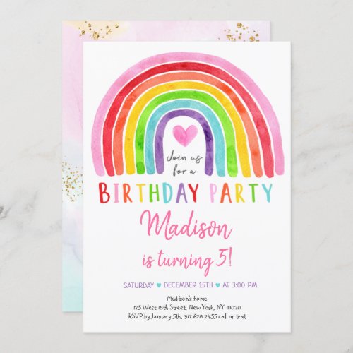 Watercolor Rainbow Heart Birthday Invitation