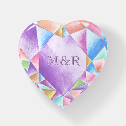  Watercolor Rainbow Heart Diamond Monogram Wedding Paperweight