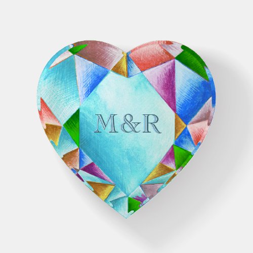  Watercolor Rainbow Heart Diamond Monogram Wedding Paperweight