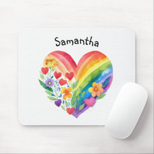 Watercolor Rainbow Heart & Flowers Personalized Mouse Pad