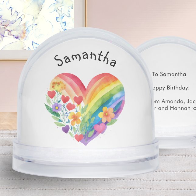 Watercolor Rainbow Heart Personalized Birthday Snow Globe (A personalized snow globe with rainbow heart in a watercolor style, with custom message on the back)