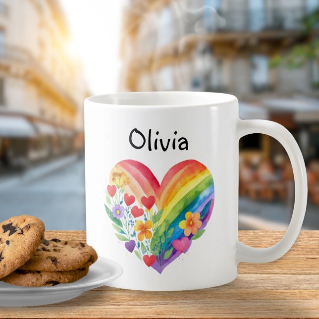 Watercolor Rainbow Heart Personalized Coffee Mug (A cute personalized mug with rainbow heart design)