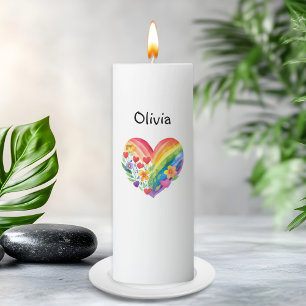 Watercolor Rainbow Heart Personalized Name Pillar Candle