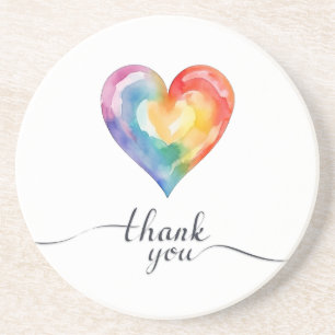 Watercolor Rainbow Heart Thank You Round Coaster