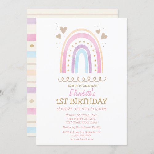 Watercolor Rainbow Hearts Striped Birthday   Invitation