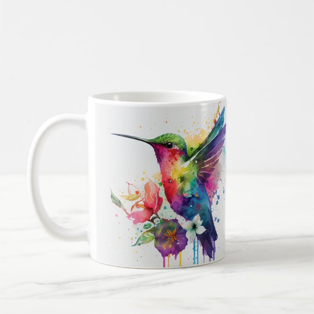 Watercolor Rainbow Hummingbird Coffee Mug (Left)
