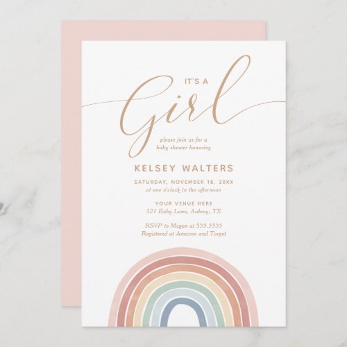 Watercolor Rainbow Its a Girl Baby Shower Invitation