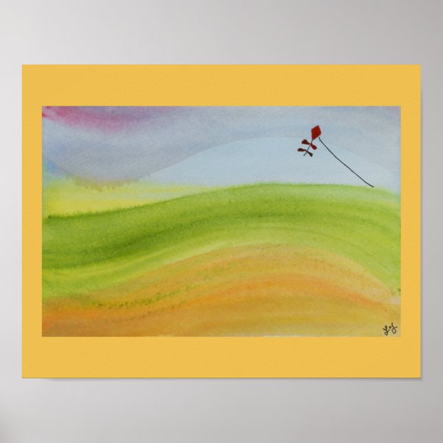 Watercolor rainbow landscape with kite poster (Front)