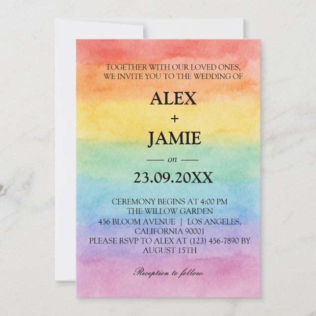 Watercolor Rainbow LGBT Gay Wedding Invitation (Front)