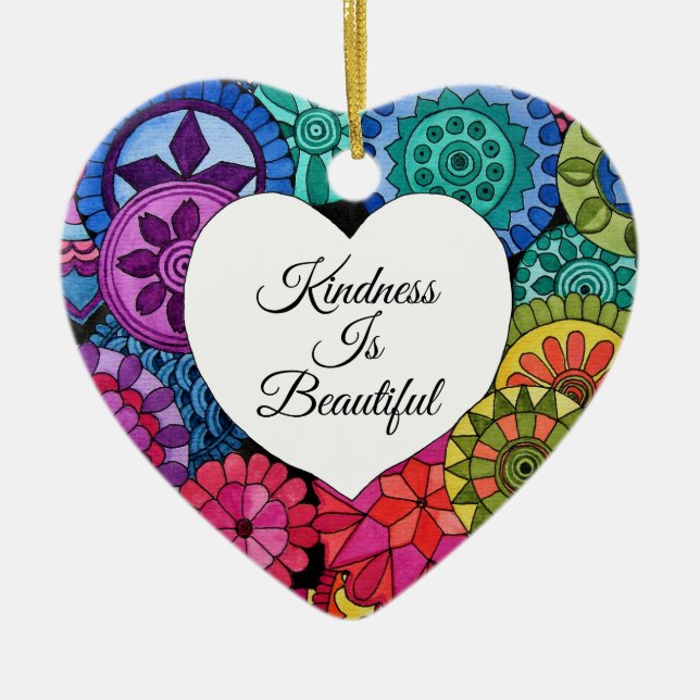 Watercolor Rainbow Mandala With Heart Ceramic Ornament (Front)