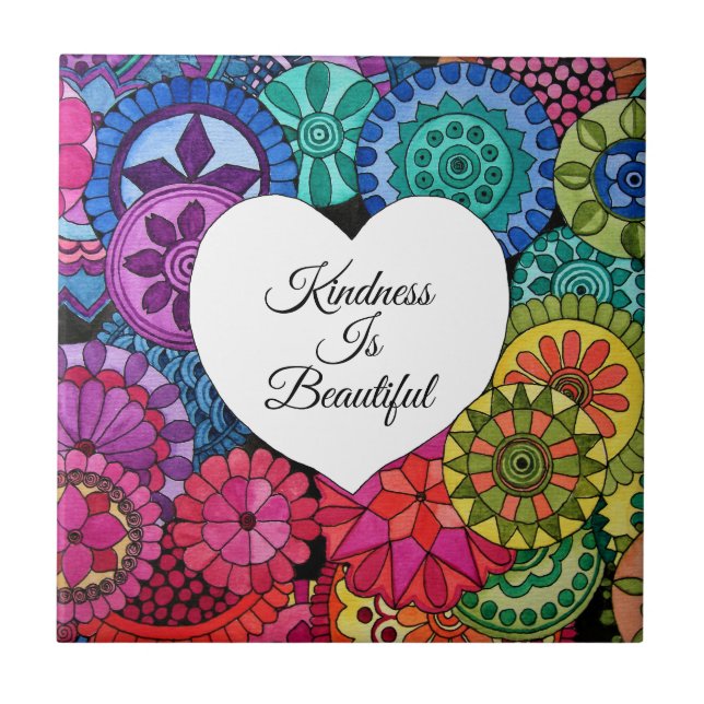 Watercolor Rainbow Mandala With Heart Ceramic Tile (Front)