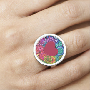 Watercolor Rainbow Mandala With Heart Ring