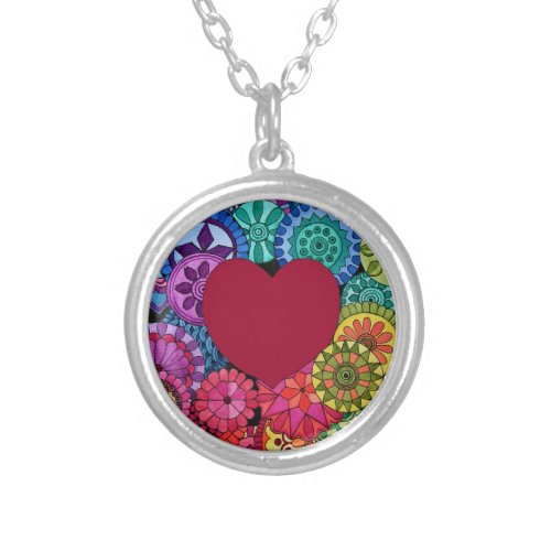 Watercolor Rainbow Mandala With Heart Silver Plated Necklace