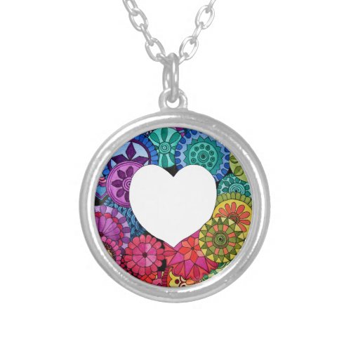 Watercolor Rainbow Mandala With Heart Silver Plated Necklace