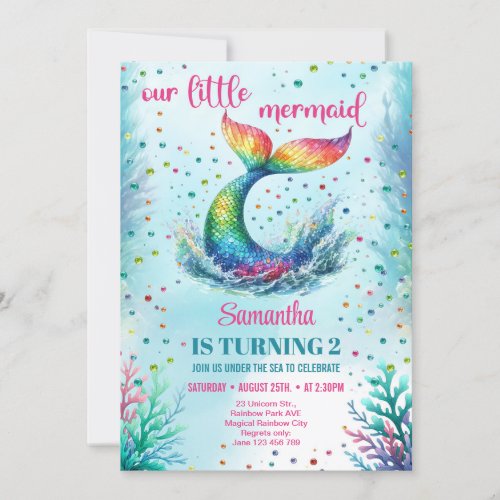 Watercolor rainbow mermaid tail 2nd birthday girl invitation