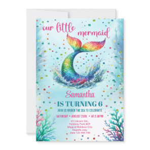 Watercolor rainbow mermaid tail 6th birthday girl invitation