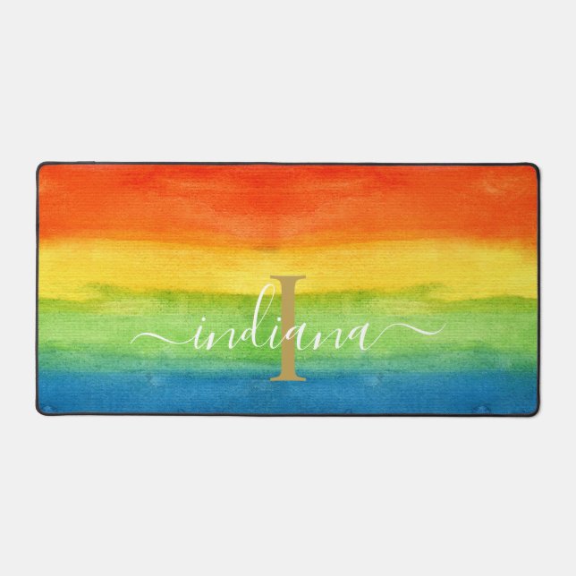 Watercolor Rainbow Monogram Elegant Pride Desk Mat (Front)