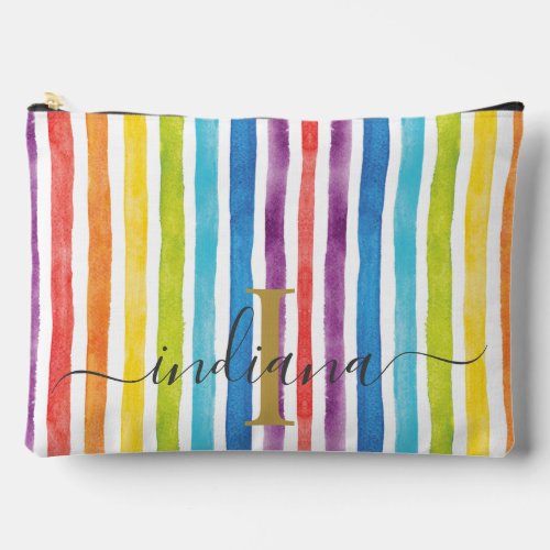 Watercolor Rainbow Monogram Stripes Personalized Accessory Pouch