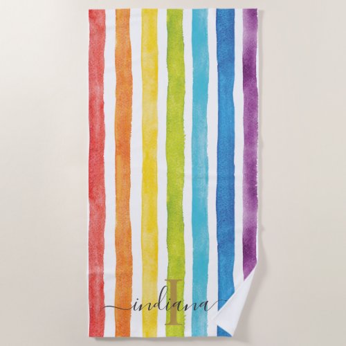 Watercolor Rainbow Monogram Stripes Personalized Beach Towel