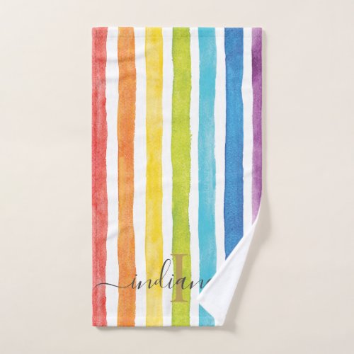 Watercolor Rainbow Monogram Stripes Personalized Hand Towel